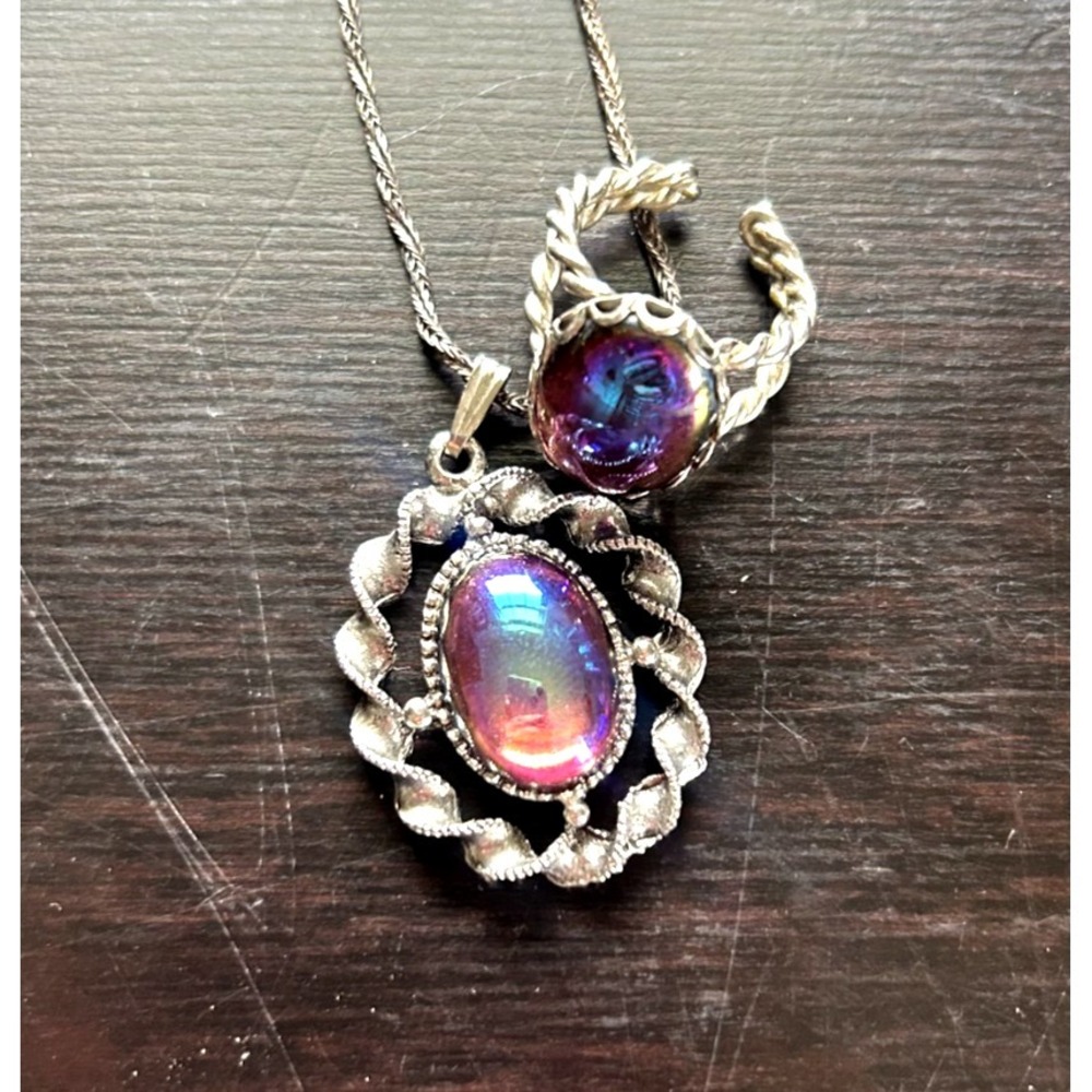 Vintage Peacock Blue Stone Necklace Ring Set Silver Tone Iridescent Galaxy